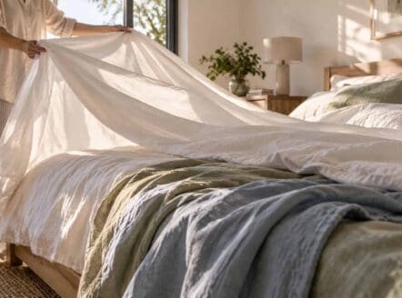 Person making a bed with white and green bedding in a bright room.