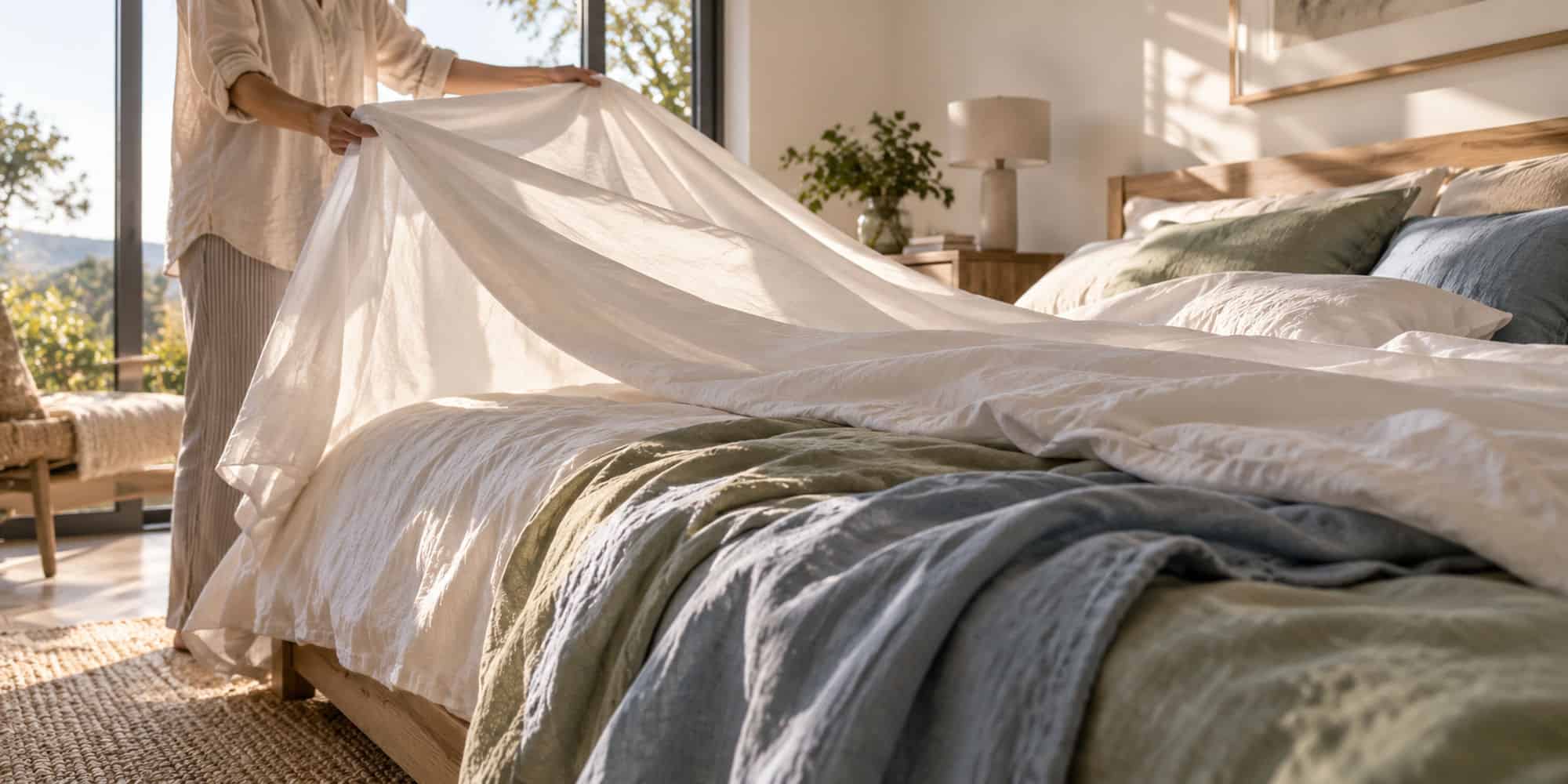 Person making a bed with white and green bedding in a bright room.