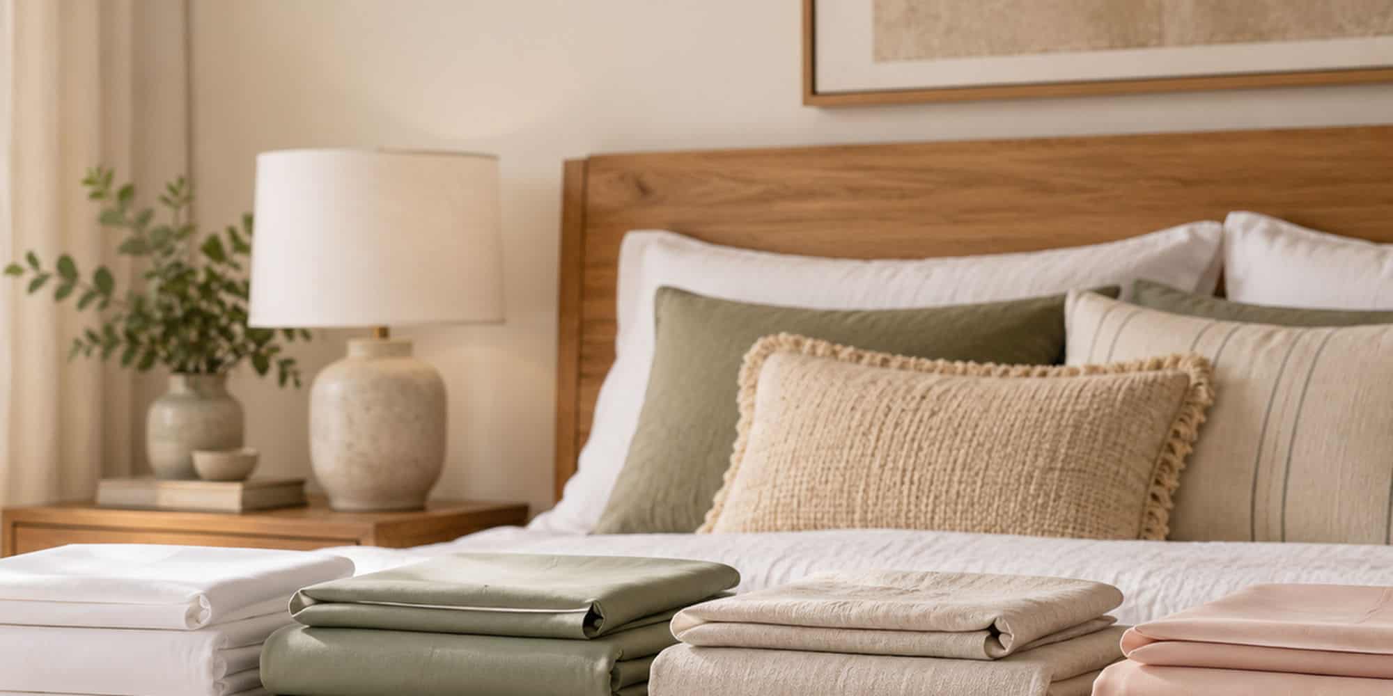 Close view of folded cotton, linen and smooth bedding fabrics with distinct textures.