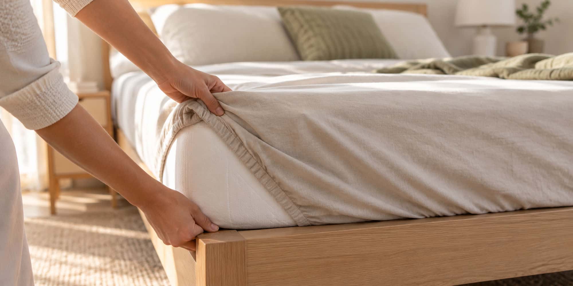 Hands fitting an elasticated sheet pocket over the corner of a thick mattress.