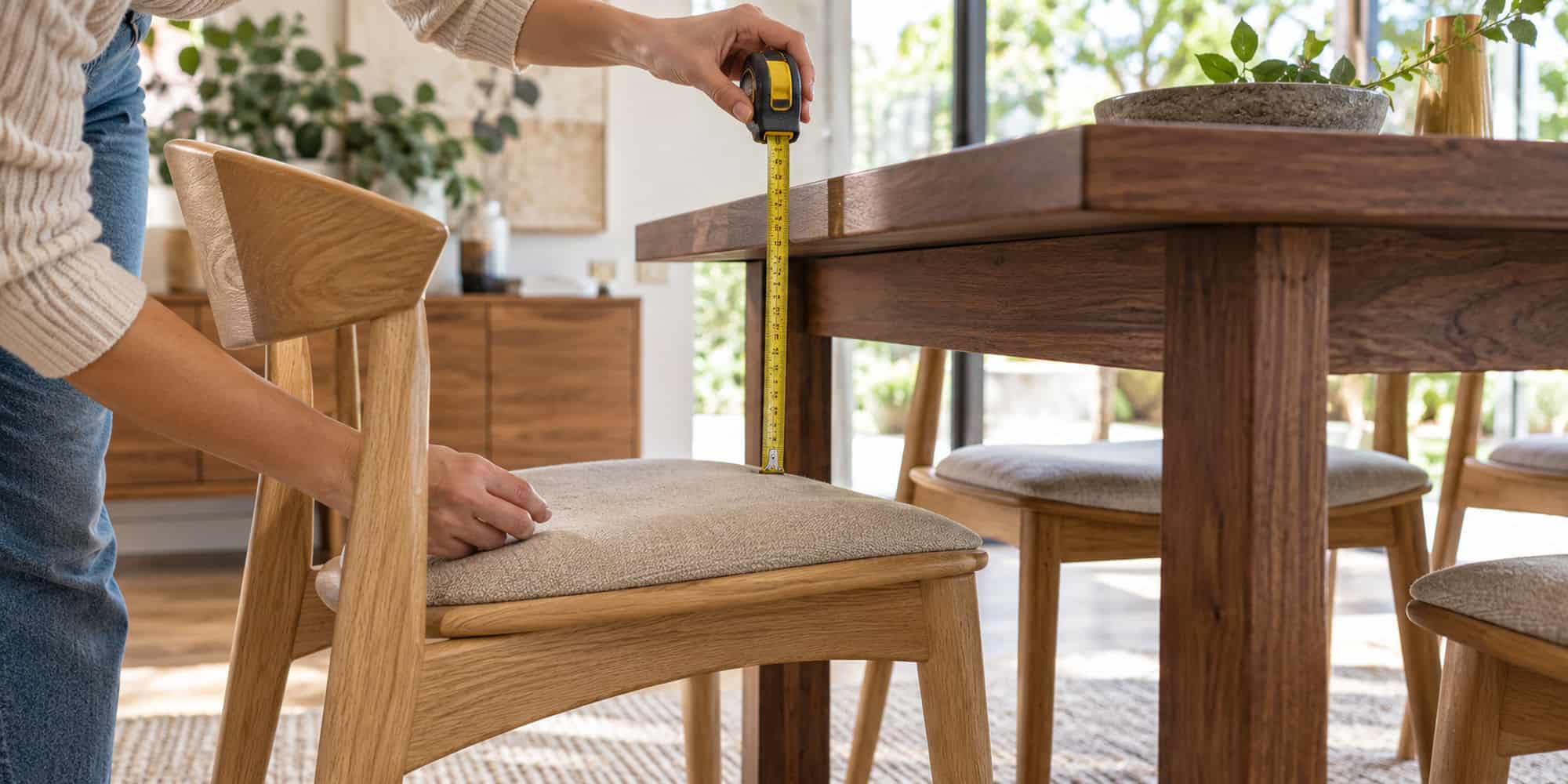 Hands measuring chair seat height in relation to the dining tabletop with a tape measure.