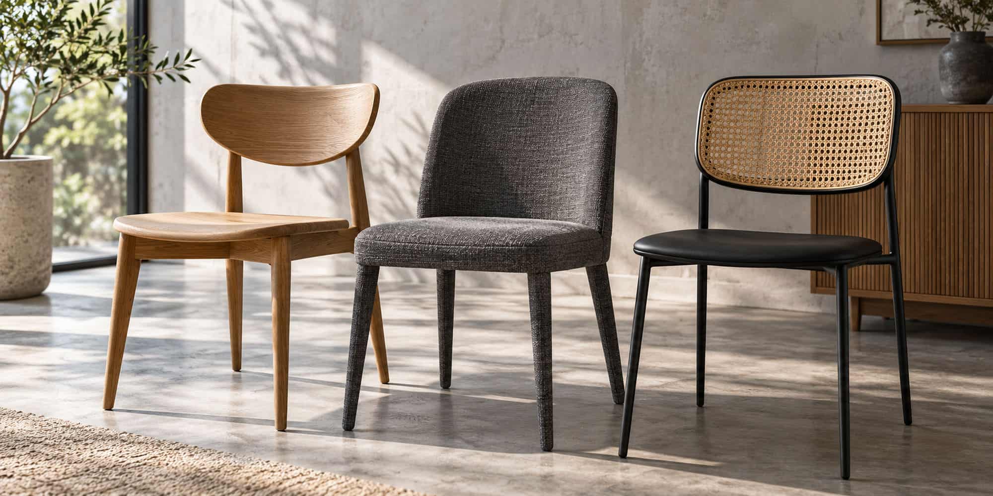 Dining chairs in timber, upholstered fabric and woven metal styles showing different materials.