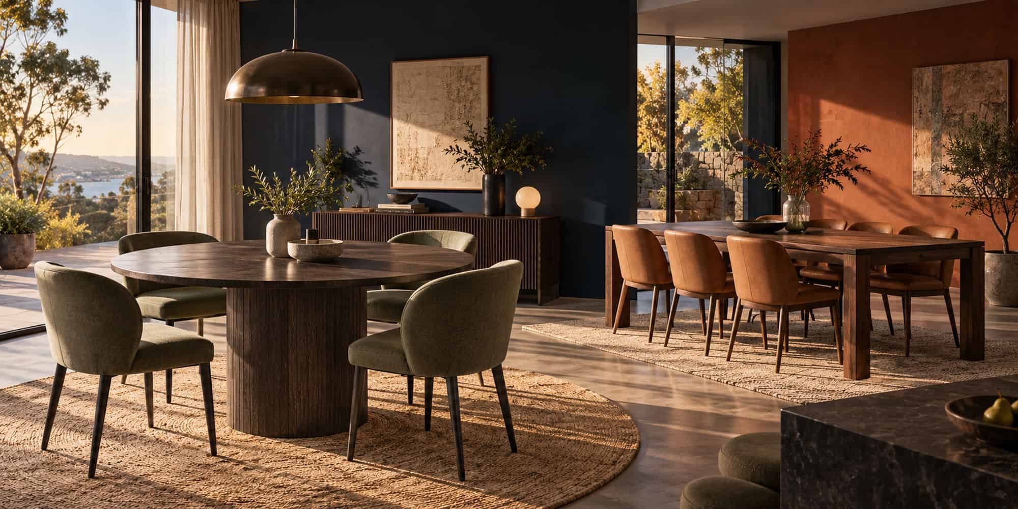 Elegant dining room with large windows and stylish furniture.