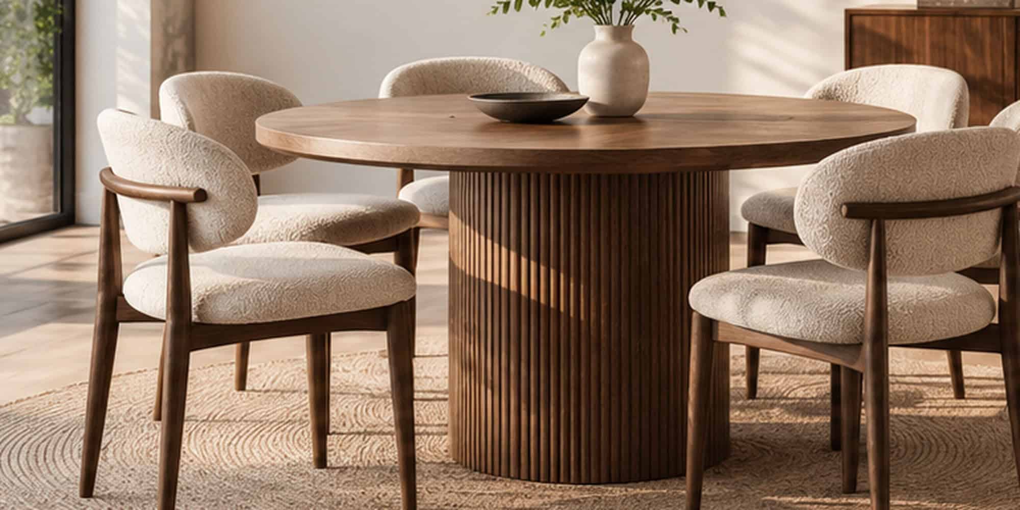 Compact round oak dining table with four chairs in a small modern dining nook.