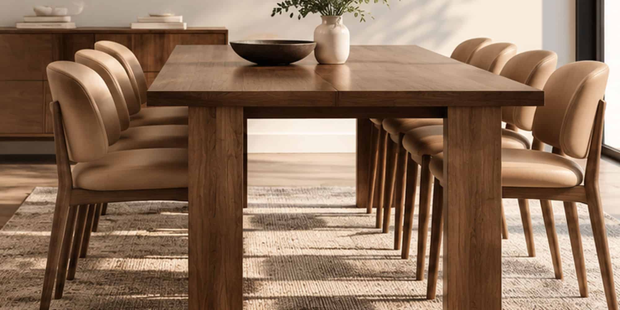 Long rectangular timber dining table with six chairs in an open-plan dining room.