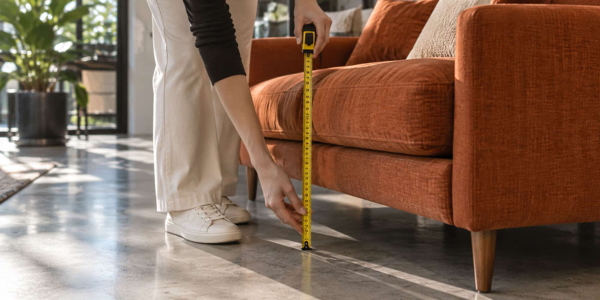A person measuring the height of an orange sofa seat from the floor with a tape measure.