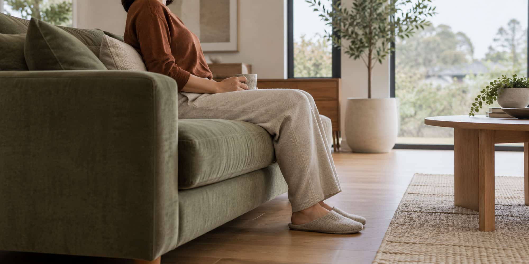 Side view of a person seated on a green sofa with feet resting comfortably on the floor.