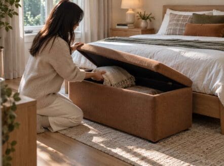 Woman organizing bedroom storage with Dreamo Living furniture.