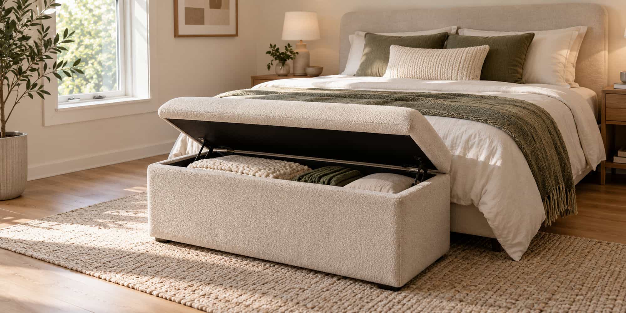 Wide bedroom view showing an open storage ottoman at the foot of a bed and floor space beside it.
