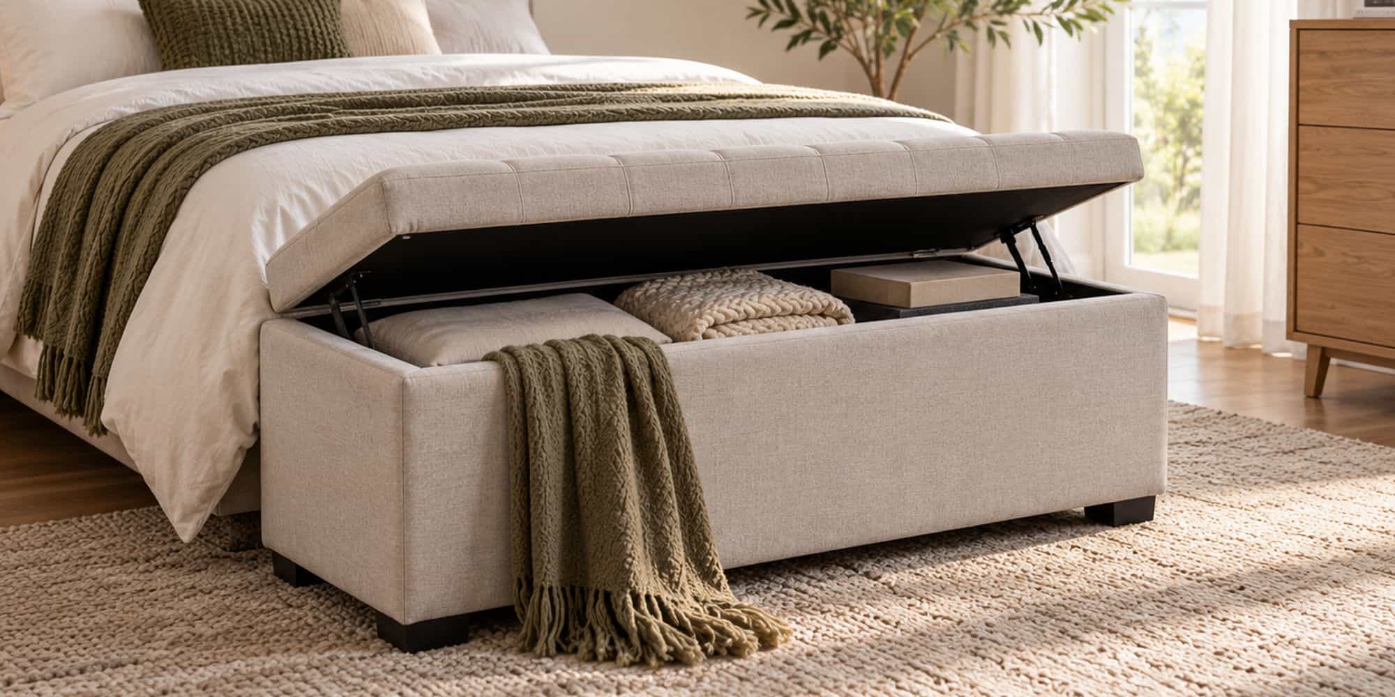 Close view of an opened upholstered storage ottoman containing neatly folded bedding.