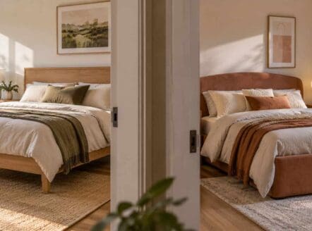 Modern bedroom with natural light, cozy bedding, and stylish decor.