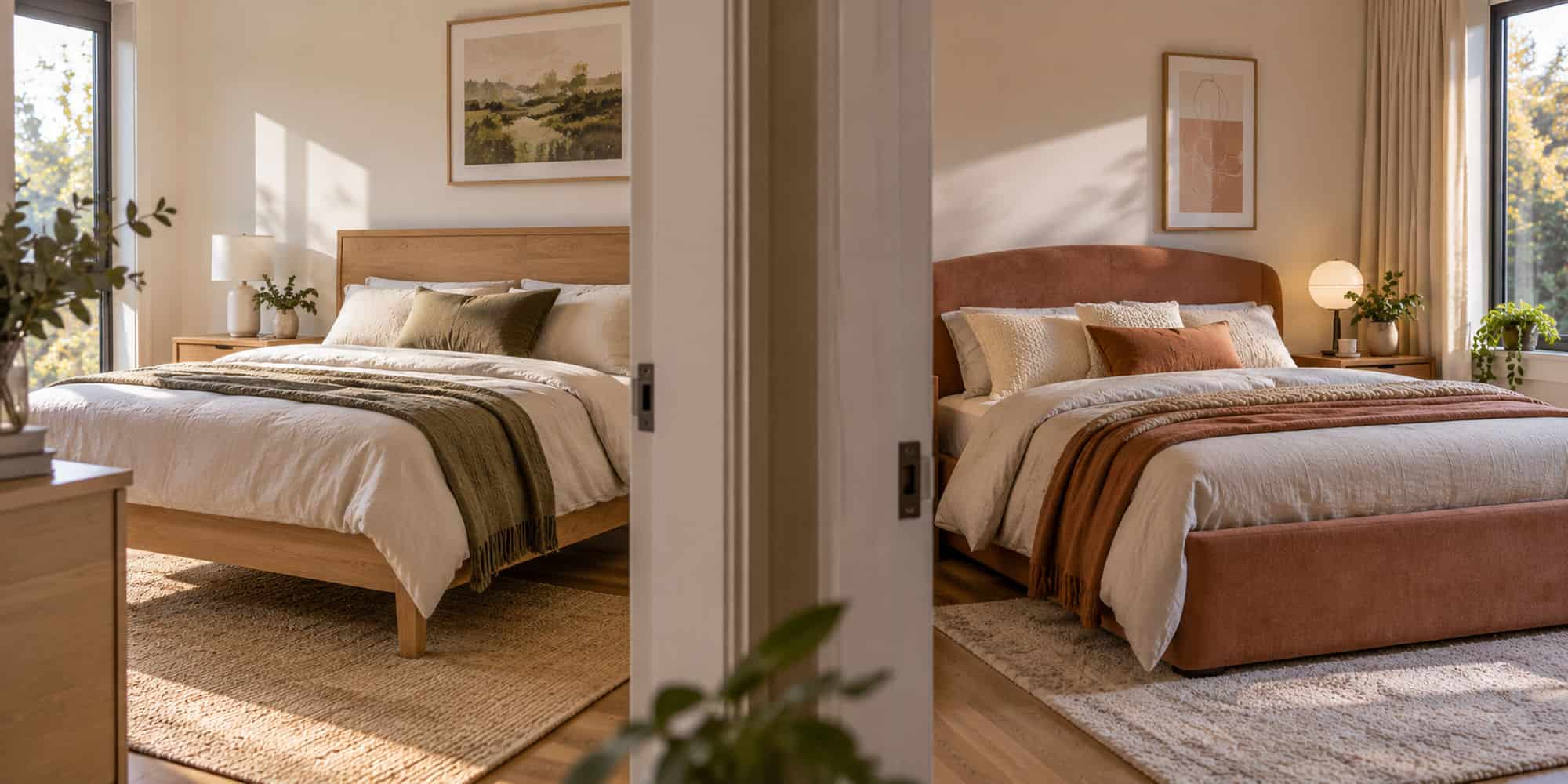 Modern bedroom with natural light, cozy bedding, and stylish decor.