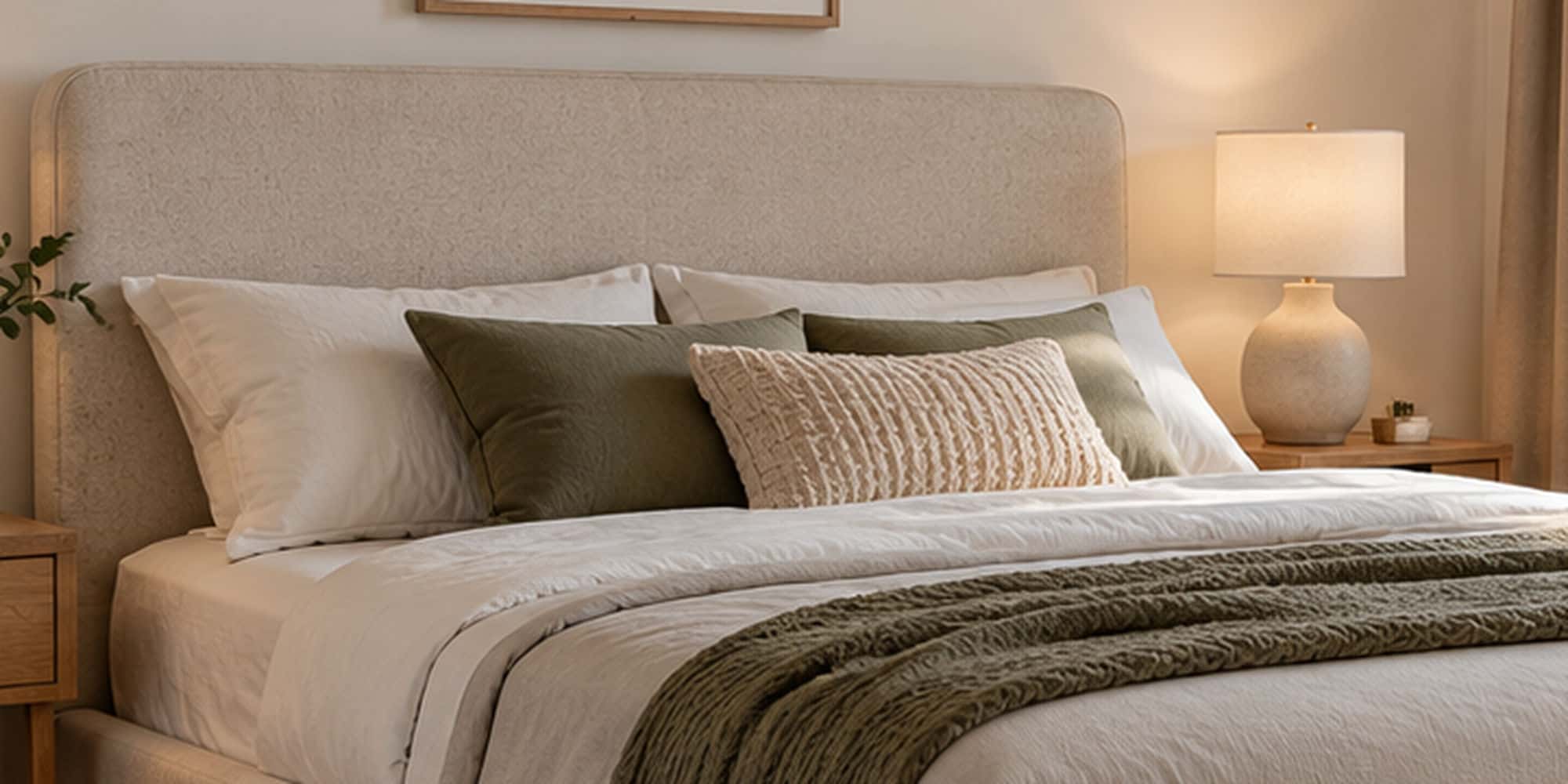 Soft padded fabric bed headboard with layered pillows and warm bedside lighting.