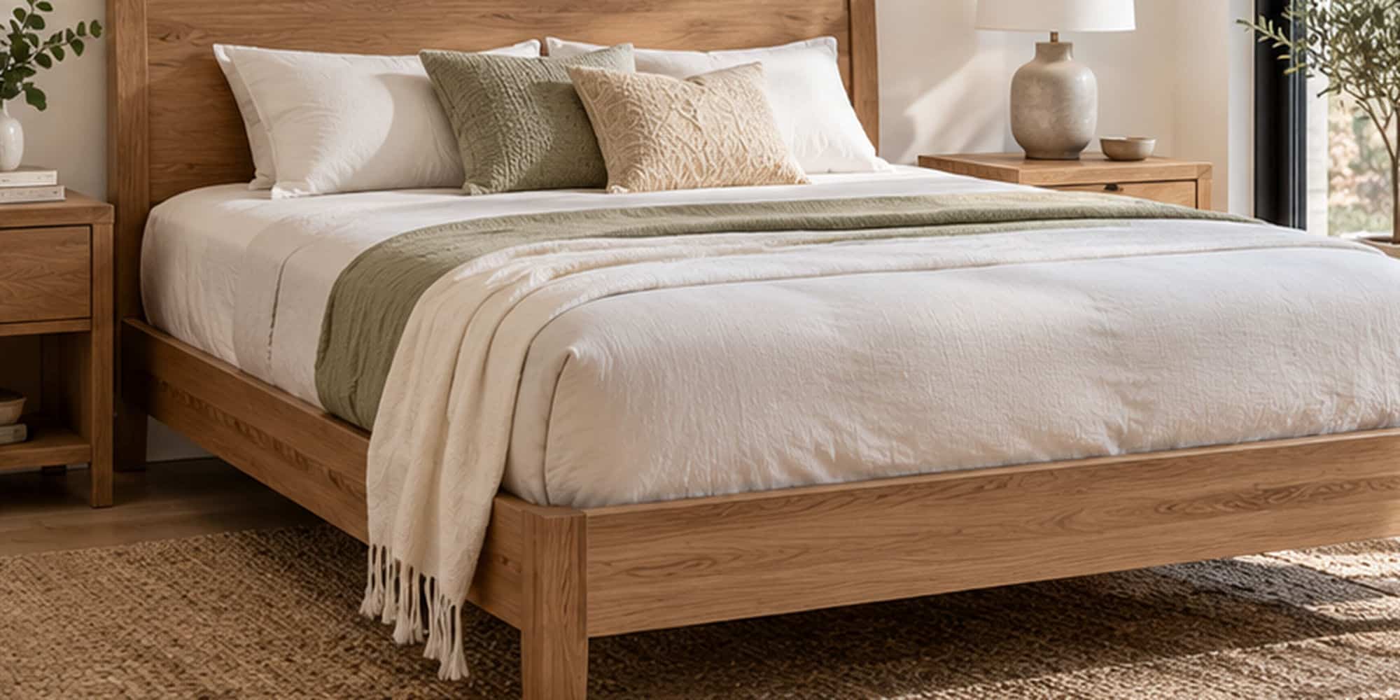Timber bed frame showing the natural wood-grain headboard, side rails and legs.